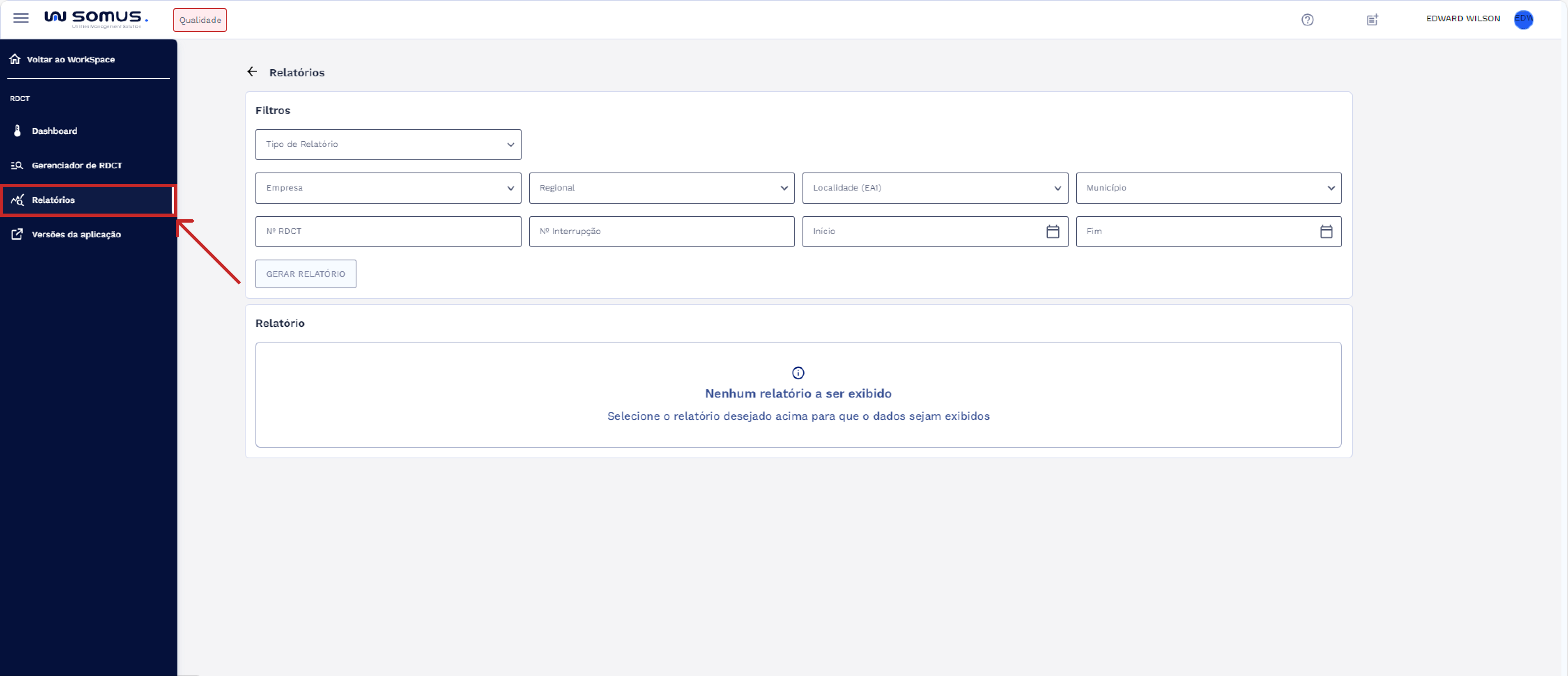 Menu Workspace RDCT - Item Relatórios