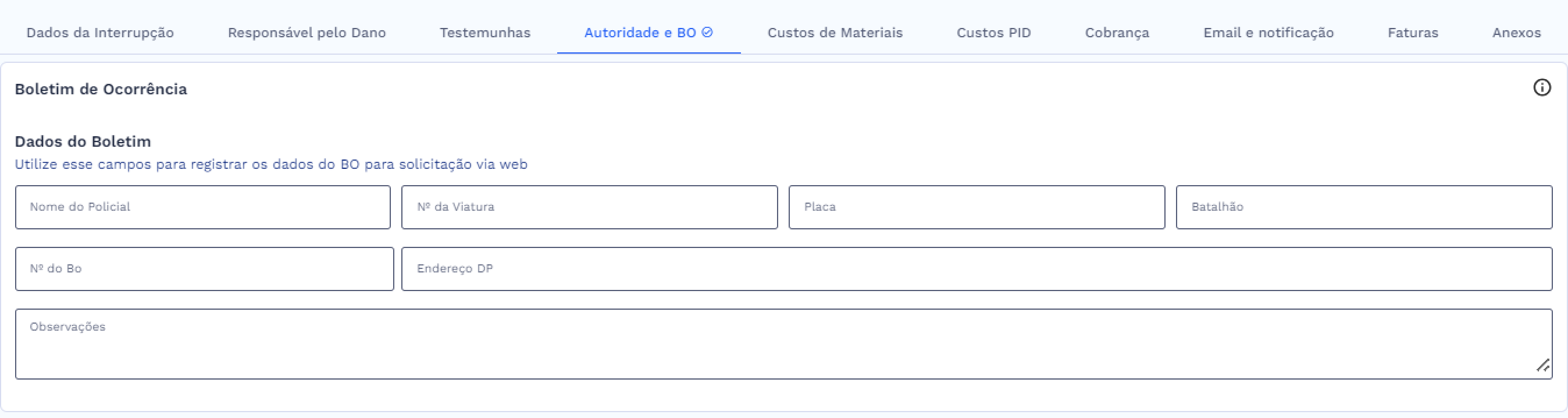 Aba Boletim de Ocorrência