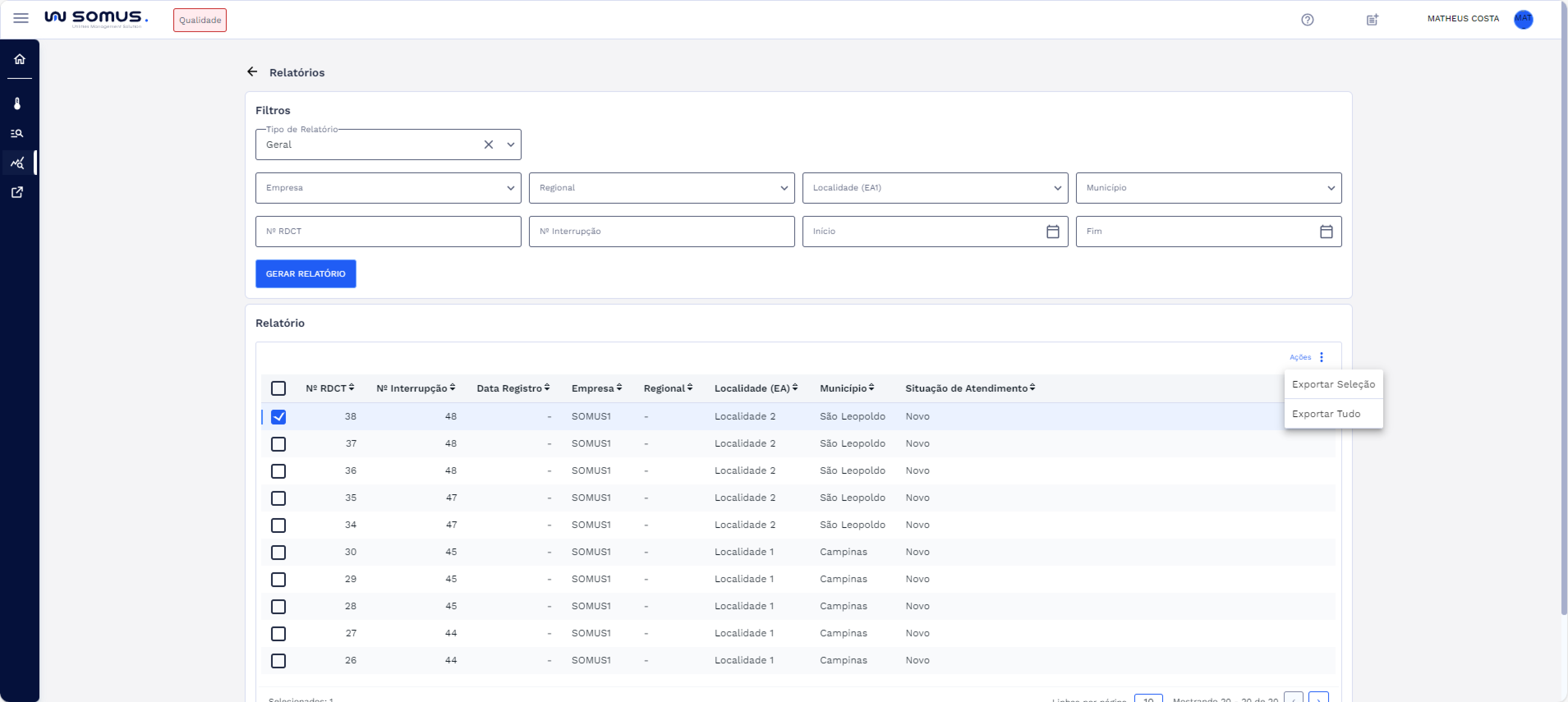 Ações disponíveis
