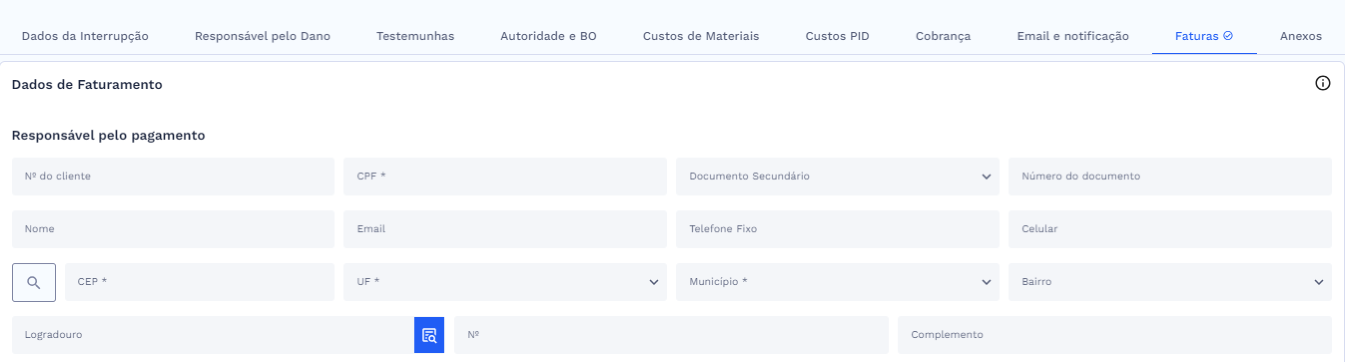 Aba Faturas – Dados de Faturamento – Card Responsável pelo pagamento