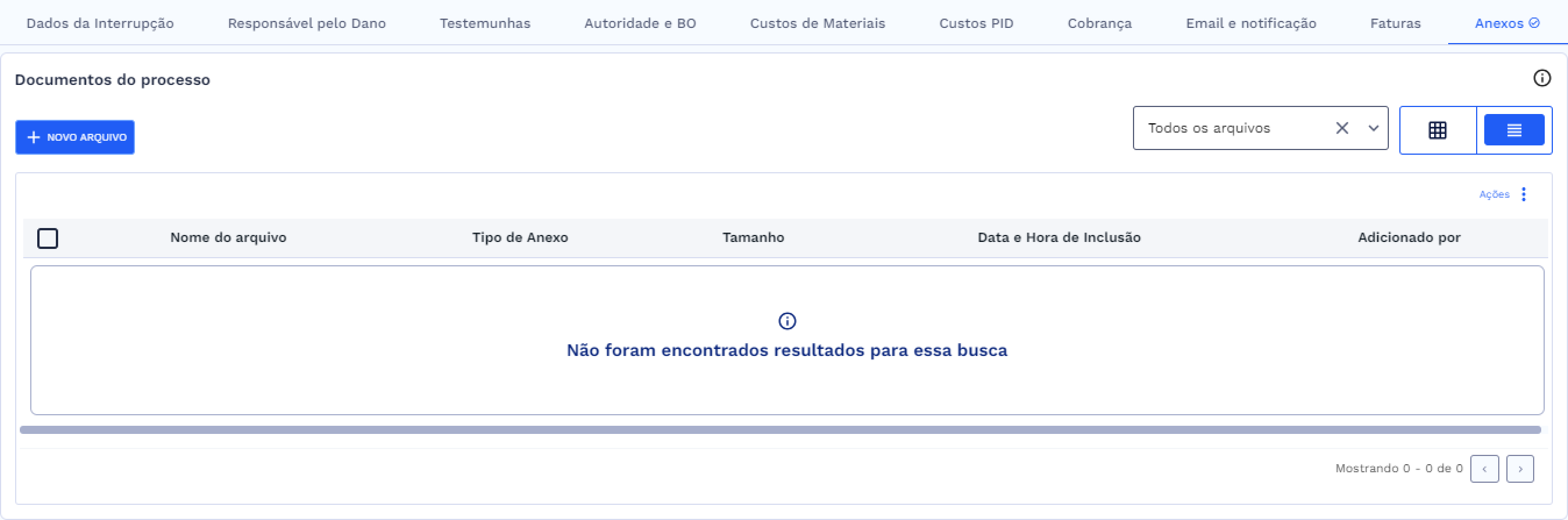 Visualização em lista dos documentos do processo anexados