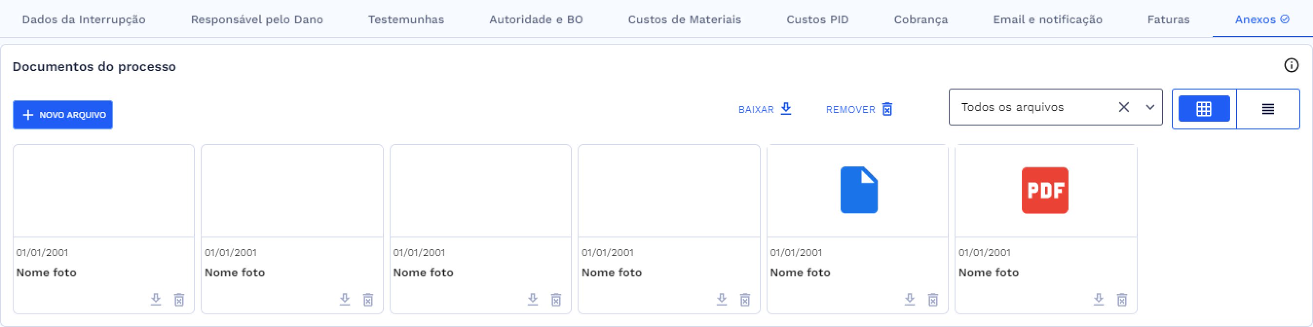 Visualização em Grade dos documentos do processo anexados