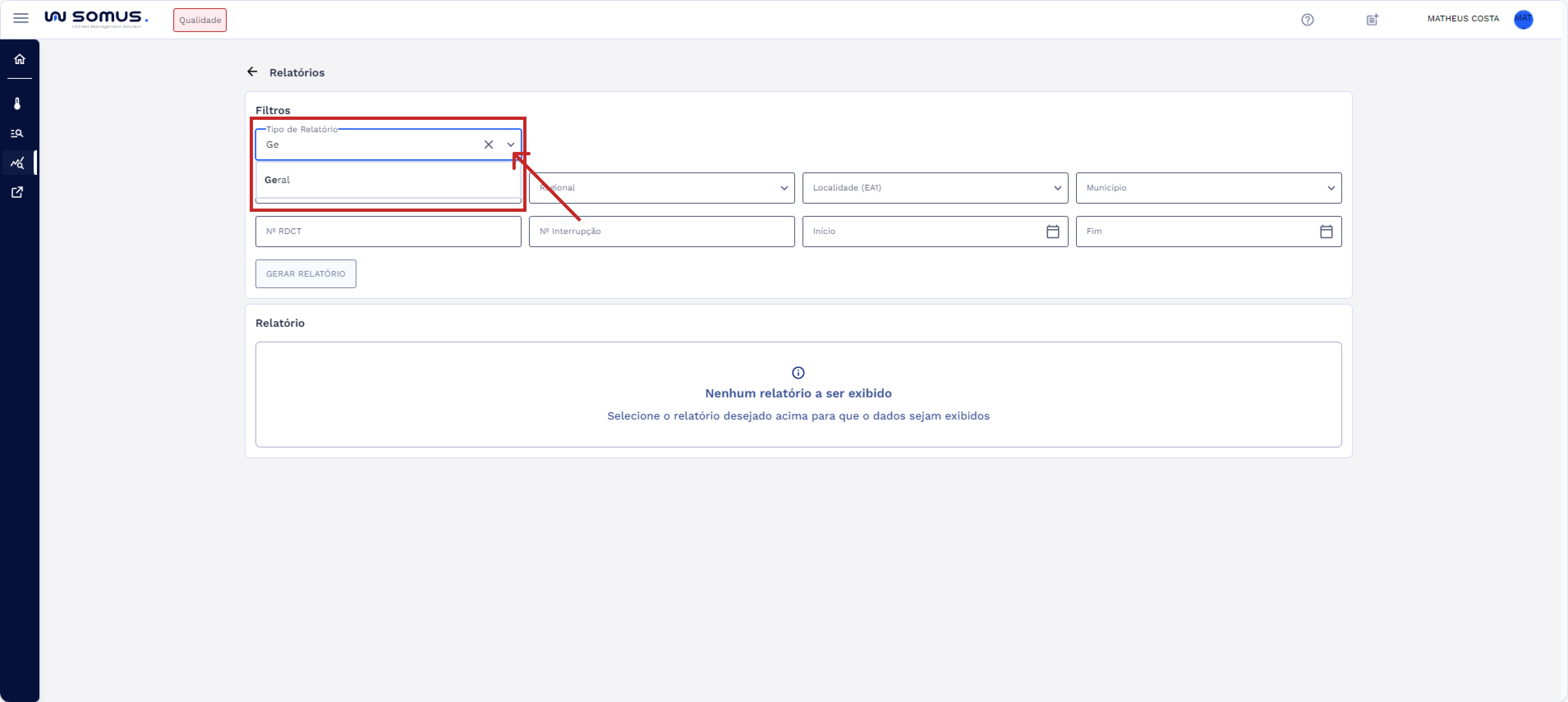 Campo Tipo de Relatório - Autocomplete