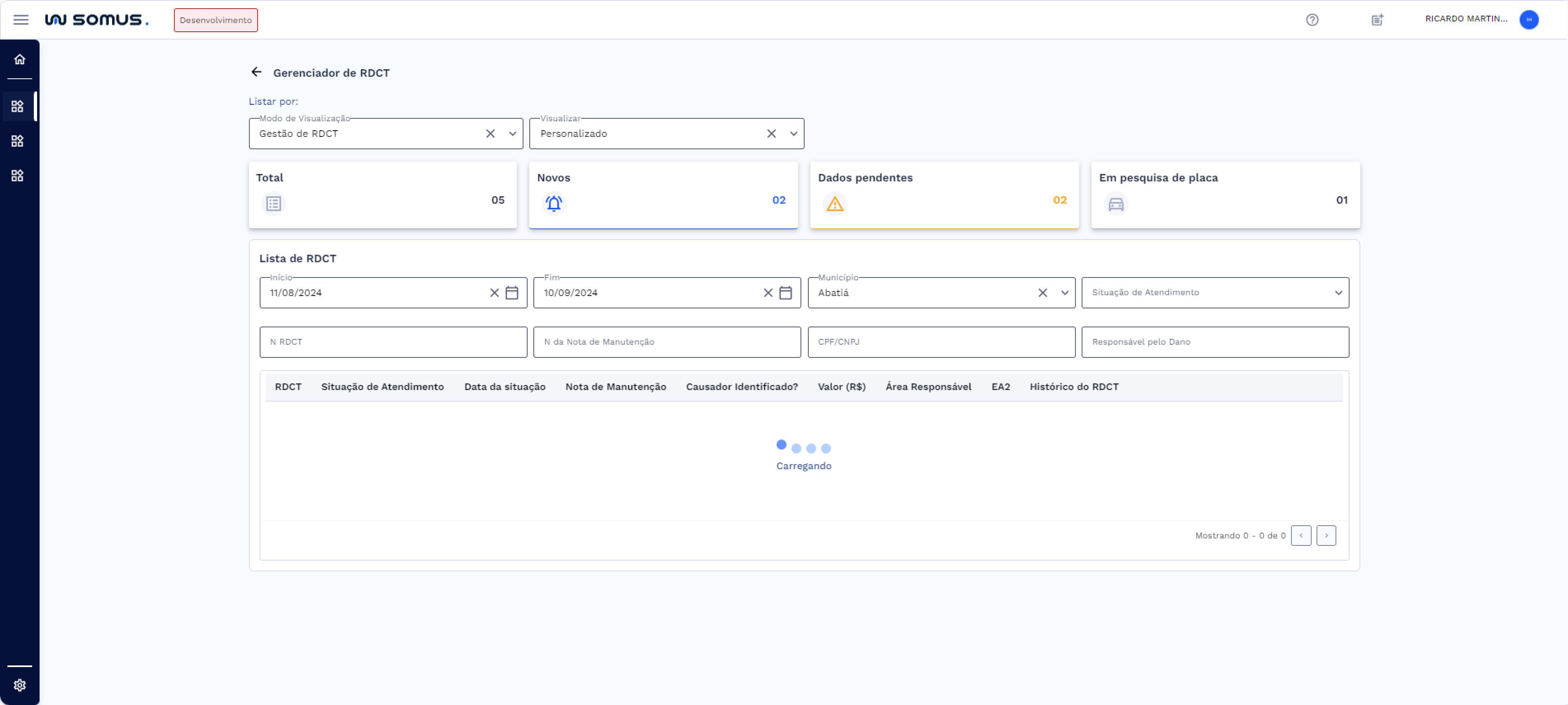 Lista de RDCT – Carregando Informações
