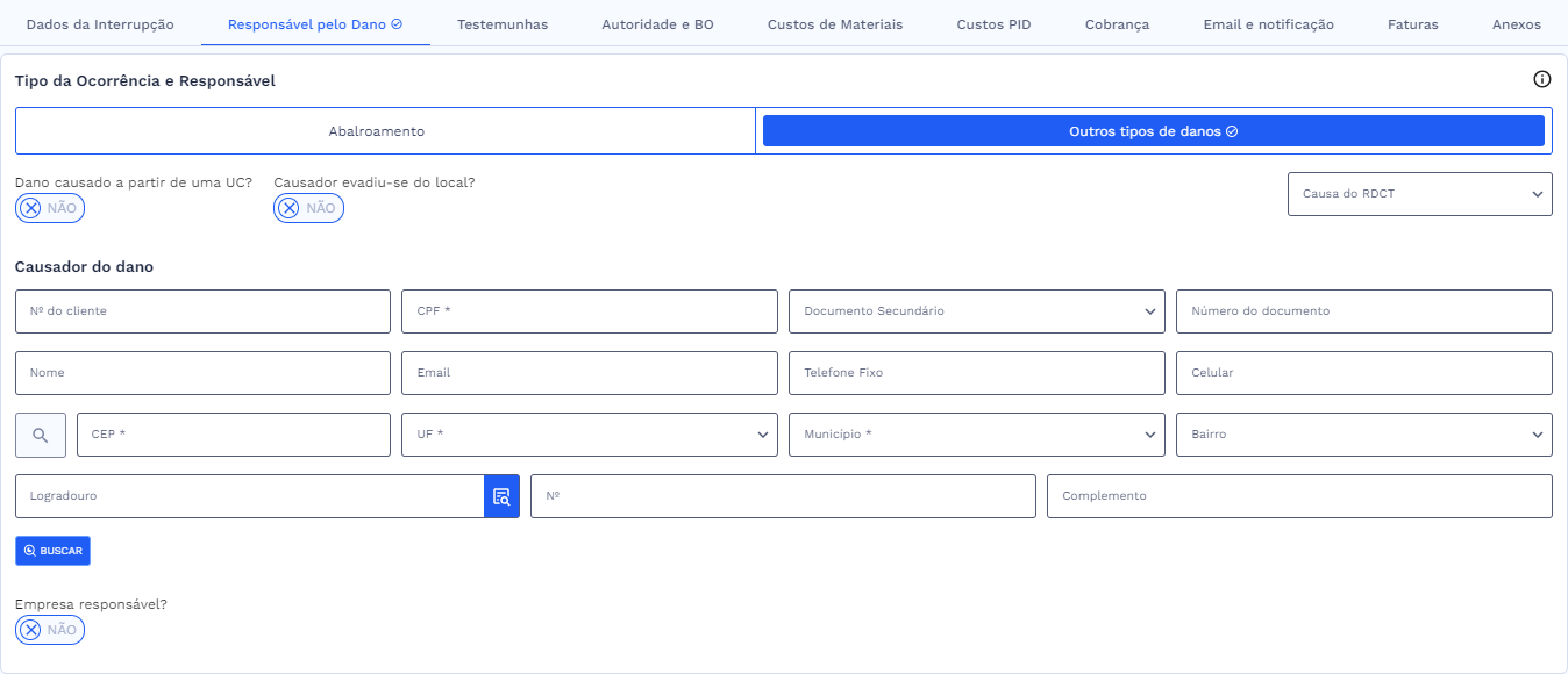 Aba Outros Dados - Card Causador do Dano
